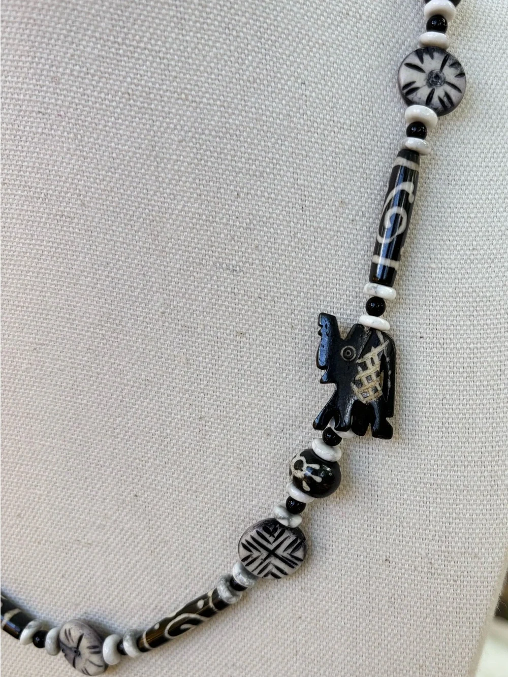 Artisan Tribal necklace, black/white bone beads accented by ebony and hematite